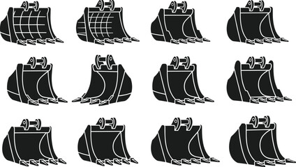 Excavator bucket silhouette icon set, heavy construction machinery shovel symbols, industrial digging equipment vector illustration collection © Santo's World