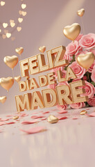 Golden Feliz Dia de la Madre text art with heart balloons, pink roses, and scattered petals creates a celebratory backdrop for Mother's Day greetings and wishes. 