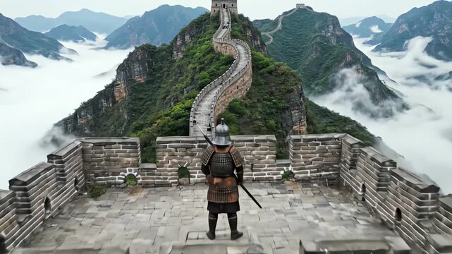 Epic Great Wall of China Winding Through Misty Mountains in Ancient Era - AI Generated
