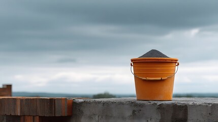 Naklejka premium A construction site bucket filled with gray powder sits on a concrete ledge under an overcast sky