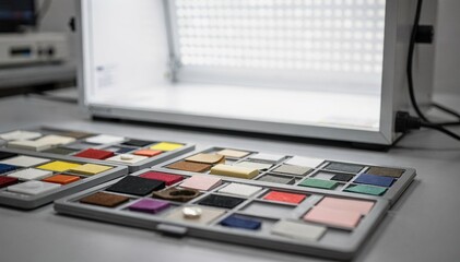 Closeup medium shot of an inspection setup featuring sample trays with assorted materials analyzed under a controlled light booth to evaluate color consistency.