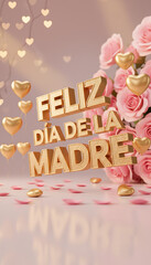Golden Feliz Dia de la Madre text art with heart balloons, pink roses, and scattered petals creates a celebratory backdrop for Mother's Day greetings and wishes. 