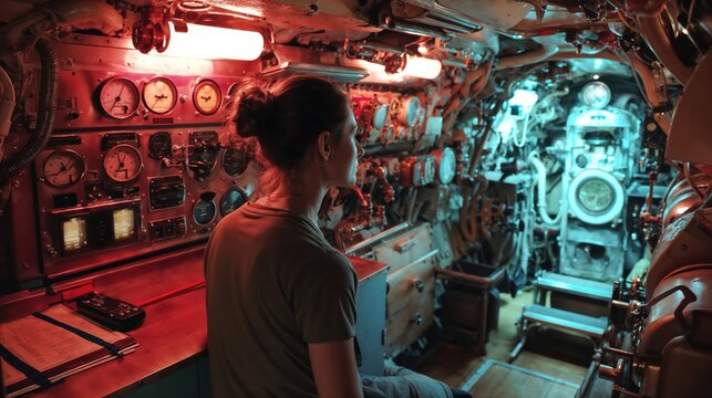 Woman observing complex control panel inside a vintage submarine interior