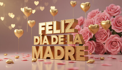 Golden Feliz Dia de la Madre text art with heart balloons, pink roses, and scattered petals creates a celebratory backdrop for Mother's Day greetings and wishes. 