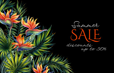 Illustration of strelitzia and palm leaves. Frame with an exotic plant bird-of-paradise and fan palm. Botanical wedding invitation template. Floral decoration for a card