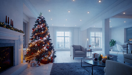 Christmas tree in white modern living room interieur, clean, all-white interior design and festive xmas tree with blurry string lights, architectural photography of contemporary home for real estate