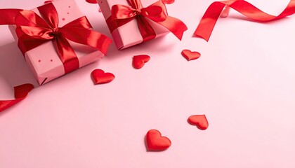 Two elegant pink gift boxes adorned with red ribbons and scattered heart shapes on a soft pink background.