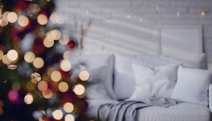 Blurry christmas tree in white modern living room interieur, clean, all-white interior design and xmas tree with bokeh string lights, architectural photography of contemporary home for real estate