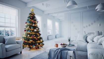 Christmas tree in white modern living room interieur, clean, all-white interior design and festive xmas tree with blurry string lights, architectural photography of contemporary home for real estate