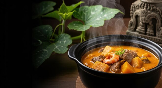Creamy Cambodian Samlor Kor Ko Beef and Pumpkin Stew with Prahok in Black Clay Pot, Featuring Steam and Left-Side Copy Space