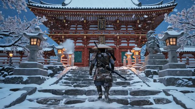 Lone Samurai Walking Toward Red Temple in Snowy Feudal Japan - AI Generated