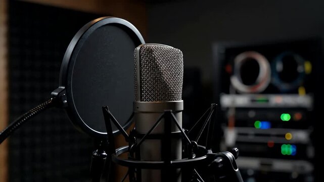 Professional studio microphone with pop filter ready for audio recording and voiceover work