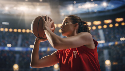 Athlete prepares to shoot a basketball during a game at an indoor arena with cheering fans in the background