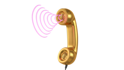 Golden vintage telephone receiver emitting bright pink sound waves against a stark symbolizing communication
