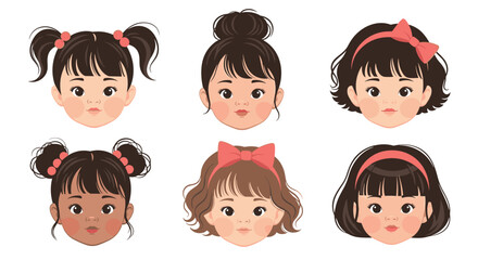 A delightful collection of six cute cartoon girl faces with various hairstyles and expressions isolated on a white background.