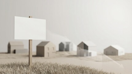 Blank sign with miniature house models on dry field for real estate listing.
