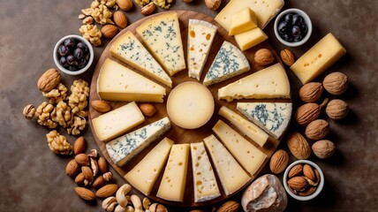 Cheese board with assorted cheeses, nuts, and grapes for a gourmet party