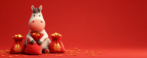 Obraz premium Cute cartoon horse holding red money bag with gold coin and Chinese lucky symbol on red background