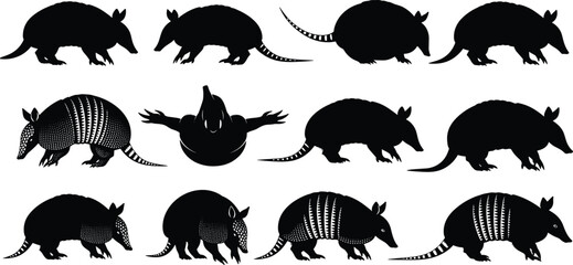 Armadillo silhouette vector collection showing multiple poses, black wildlife animal icons isolated on white background for design and branding projects