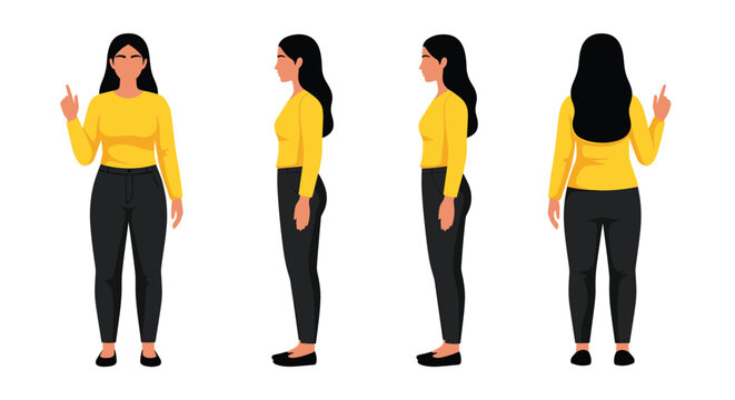 Full character turnaround sheet of a woman in casual clothes, showing front, back, and side views for animation or design.
