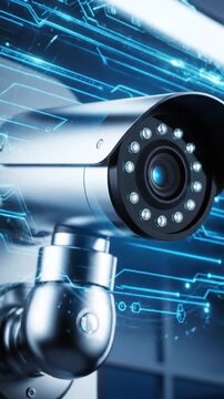 Close-up of a security camera with a blue circuit board overlay