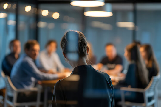 A professional woman standing in a modern glass office looking at a blurred group of colleagues during a corporate business meeting or seminar presentation in a dark moody atmosphere