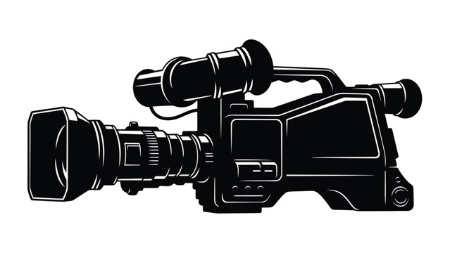 Black silhouette of a vintage video camera against a isolated on white background