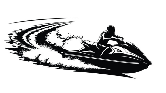 Man riding jet ski on water silhouette black isolated on white background