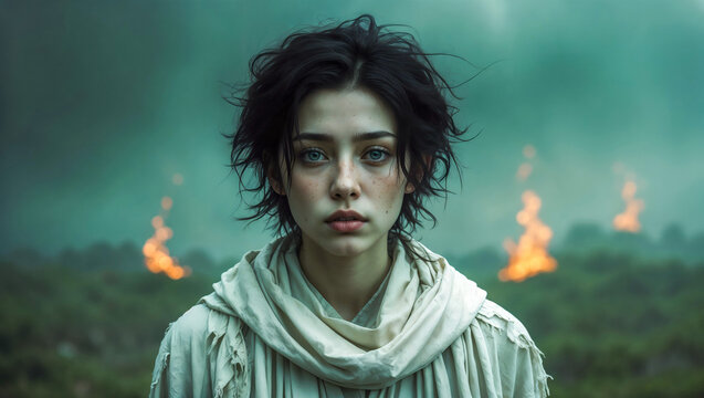 Young woman with intense gaze in misty landscape