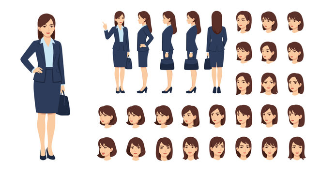 A comprehensive character creation sheet for a businesswoman, including turnaround views and a wide variety of facial expressions.