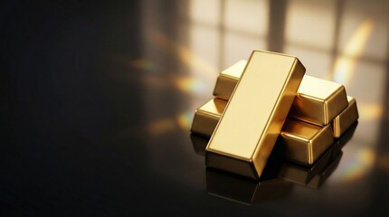 Gold bars stacked on reflective surface with warm light for investment concept.