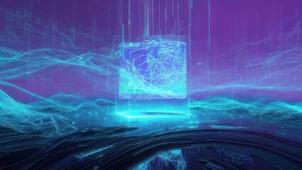 Abstract Glowing Cube in Ethereal Blue and Purple Hues.