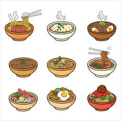 Set of hand-drawn noodle bowl illustrations featuring various noodle dishes with toppings and steam. Perfect for food menus, restaurant branding, culinary projects, packaging, and digital illustration