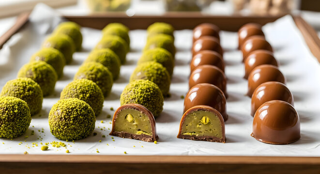 Assorted chocolate and pistachio bonbons on a baking sheet with white parchment paper background