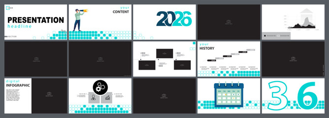 Business Presentation, Businessman Analyzes Financial Market for 2026, Annual Report. Set, Powerpoint. Infographics, Green and Black Design Elements, Credit Development, Photo. Vector Illustration