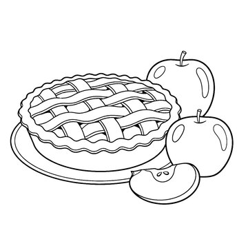 coloring book Freshly baked apple pie with 2 apples served around it