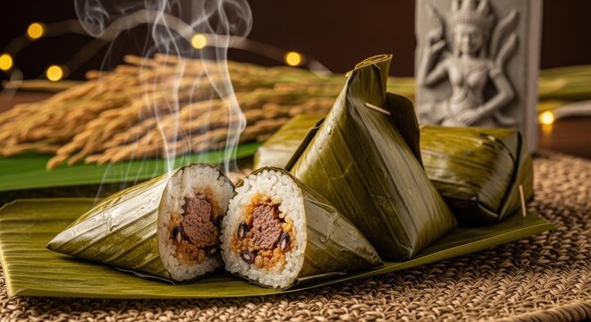 Steamed Cambodian Num Ansom Sticky Rice Cake with Beef and Mung Bean in Banana Leaf, Featuring Steam and Right-Side Copy Space