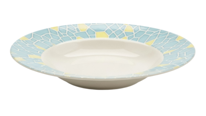 Isolated shallow porcelain soup bowl with decorative border pattern for serving food