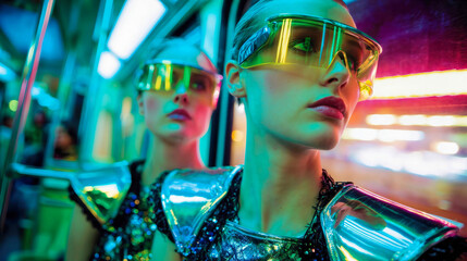Cyberpunk women wearing futuristic glasses in neon scene