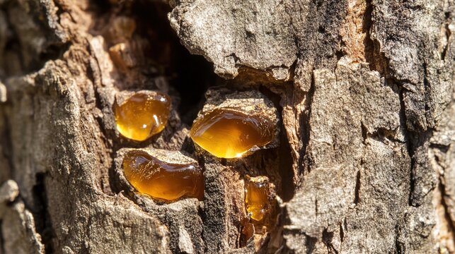 myrrh. Myrrh tree trunk with golden resin drops in natural sunlight. gardening catalogs, home-decor guides, botanical posters, designed for gardening and botanical catalogs, used by architects.