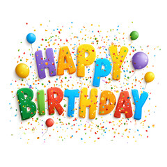 "Happy Birthday" text in vibrant festive style, colorful confetti and balloons, cheerful celebratory design, isolated on white background.
