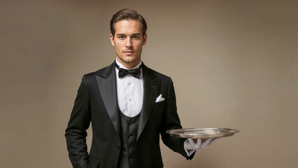 Elegant waiter in tuxedo holding silver tray