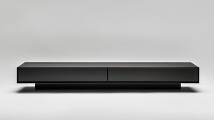 A sleek black TV console with floating shelf design push-to-open drawers and matte finish clean minimalist lines solid light grey background modern