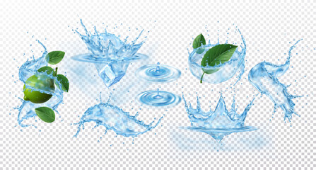 Splash of water. 3D wave. Ice in liquid. Drop lemon in whirlpool, drink aqua. Fluid flow, mint leaves and lime. Realistic spatters. Plop in ripple. Vector exact illustration on transparent background © Natalia