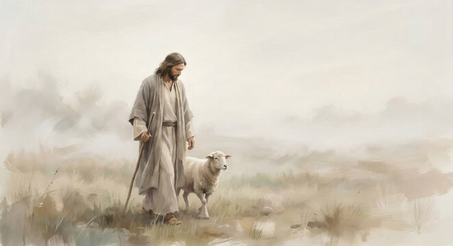 Jesus leaves the ninety nine watercolor illustration. Good shepherd seeking the lost sheep. Christian faith inspired spiritual wall art scene