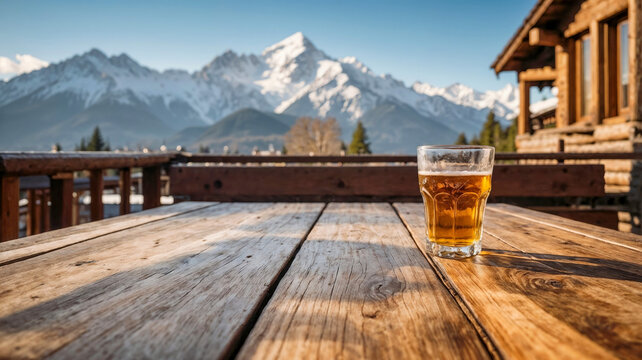 Refreshing beer on rustic wooden table, mountain view