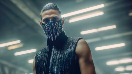 Mysterious man in futuristic mask posing intensely