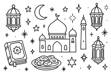 Ramadan Kareem Hand Drawn Doodle Collection with Mosque, Lanterns, Holy Quran and Dates © Shahnaz