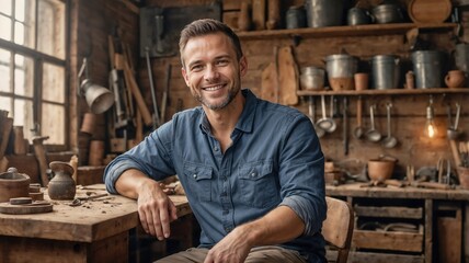 Smiling artisan sitting in traditional rustic workshop