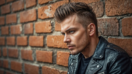 Young man posing thoughtfully in leather jacket against wall